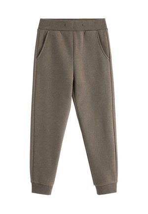 Graue Jogginghosen aus weichem, strukturiertem Stoff. Zu den Eigenschaften gehören ein elastischer Bund, zwei seitliche Taschen und gerippte Bündchen an den Knöcheln.