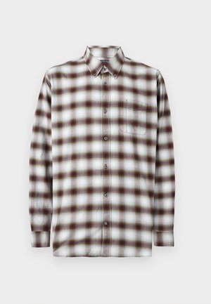 Long-sleeve button-up shirt with brown, white, and light blue plaid pattern, featuring a buttoned collar and chest pocket on a plain background.