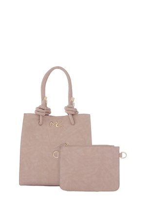 Borsa tote rosa chiaro con manici annodati, logo dorato e una piccola pochette coordinata con cerniera, caratterizzata da una texture in finta pelle liscia.