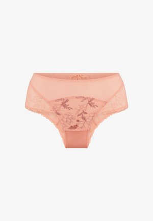 Culotte taille haute de couleur pêche, en dentelle et en tissu doux, ornée de broderies florales à l'avant et de bords crantés.