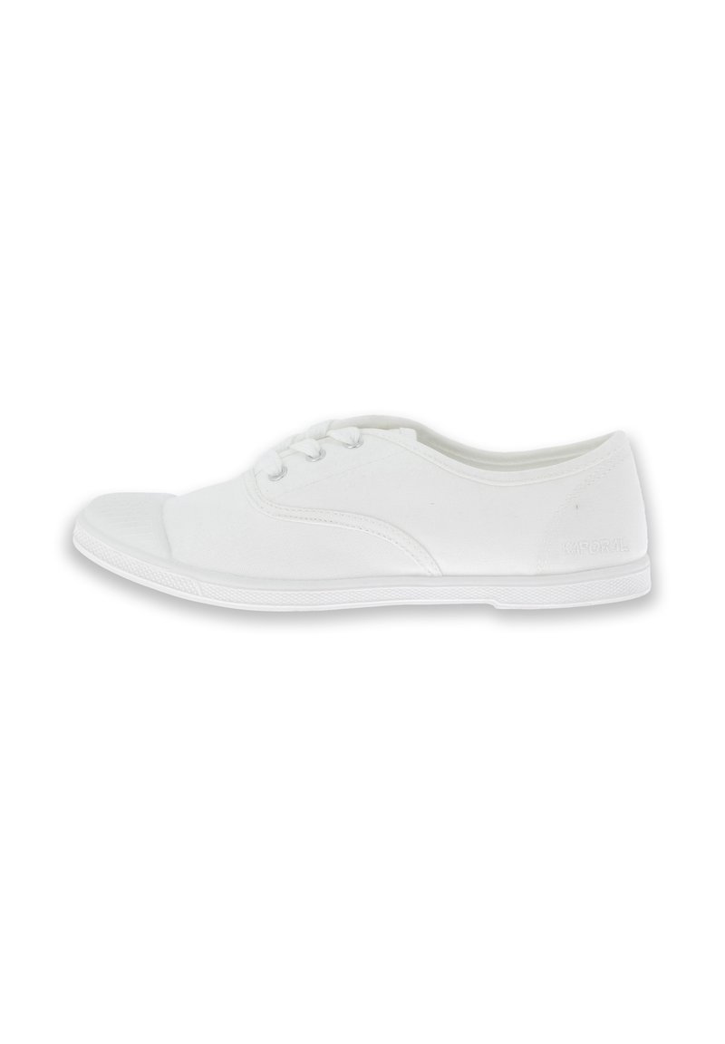 Baskets blanches en toile avec une semelle en caoutchouc plate, un bout rond et un système de laçage. Présente des détails cousus et une semelle extérieure texturée.