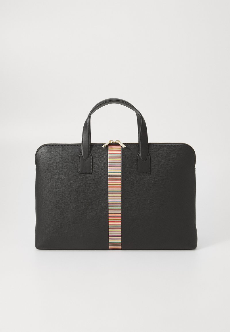 Black leather briefcase with two top handles, featuring a multicolored striped accent down the center and a gold zipper closure.