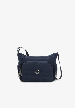Navy blue fabric crossbody bag with textured design, featuring a central zip compartment, front pocket, and silver hardware accents.