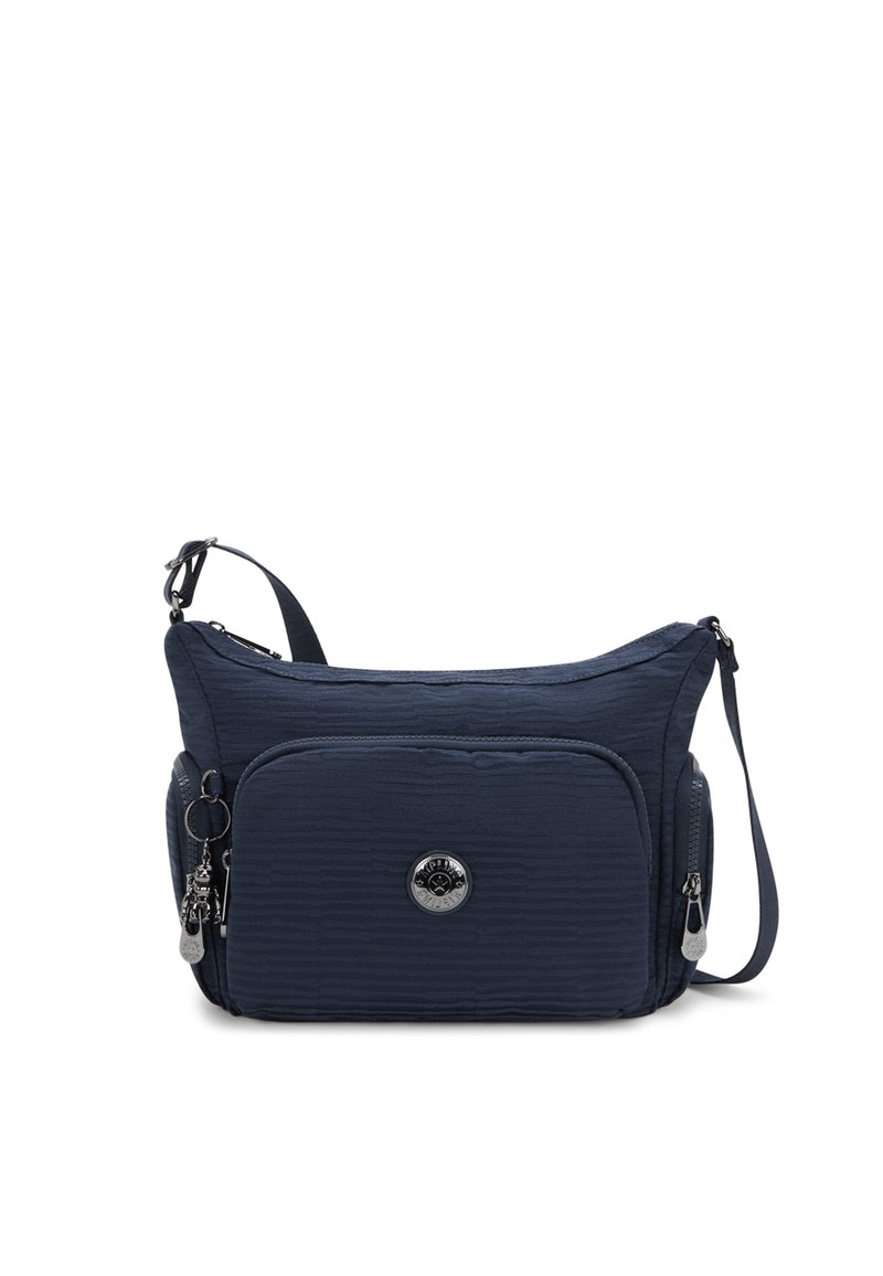 Borsa a tracolla in tessuto blu navy con design testurizzato, dotata di un compartimento centrale con zip, tasca frontale e dettagli in metallo color argento.