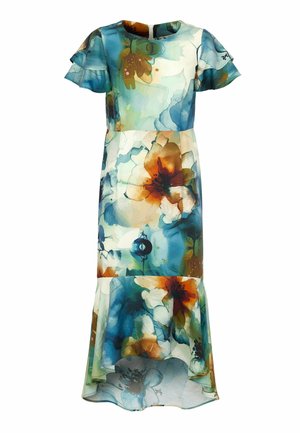 Midi-jurk met bloemenwaterverfprint, korte wappermouwen, ronde halslijn en gerimpelde zoom in tinten blauw, groen, oranje en wit.