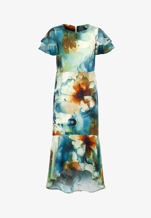 Midi-jurk met bloemenwaterverfprint, korte wappermouwen, ronde halslijn en gerimpelde zoom in tinten blauw, groen, oranje en wit.