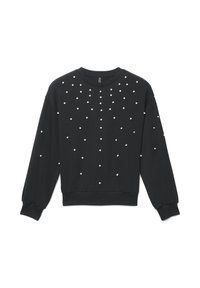 Sweat-shirt noir à manches longues, orné de fausses perles blanches disposées en motif épars, col et poignets côtelés.