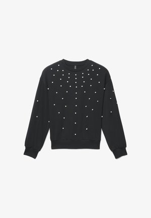 Sweat-shirt noir à manches longues, orné de fausses perles blanches disposées en motif épars, col et poignets côtelés.