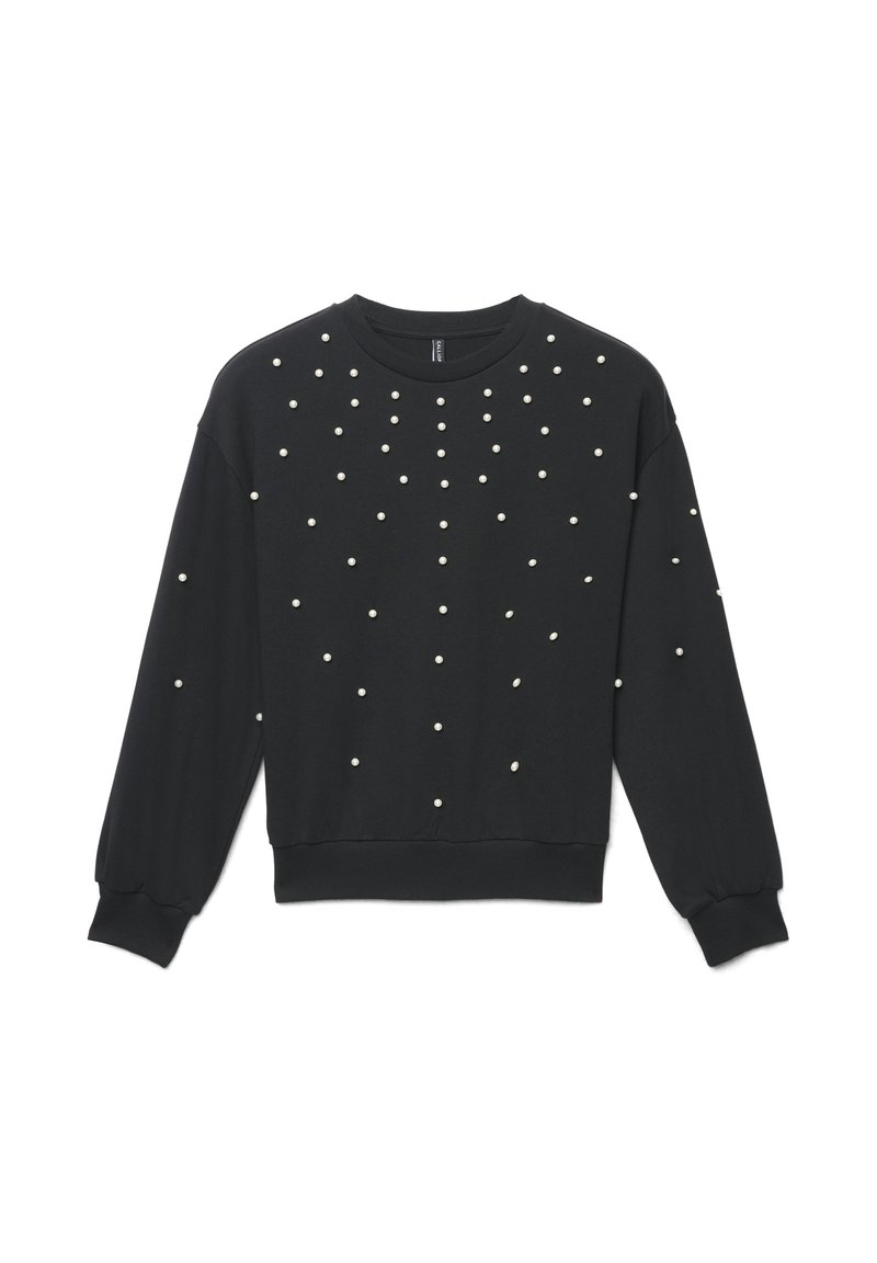 Sweat-shirt noir à manches longues, orné de fausses perles blanches disposées en motif épars, col et poignets côtelés.
