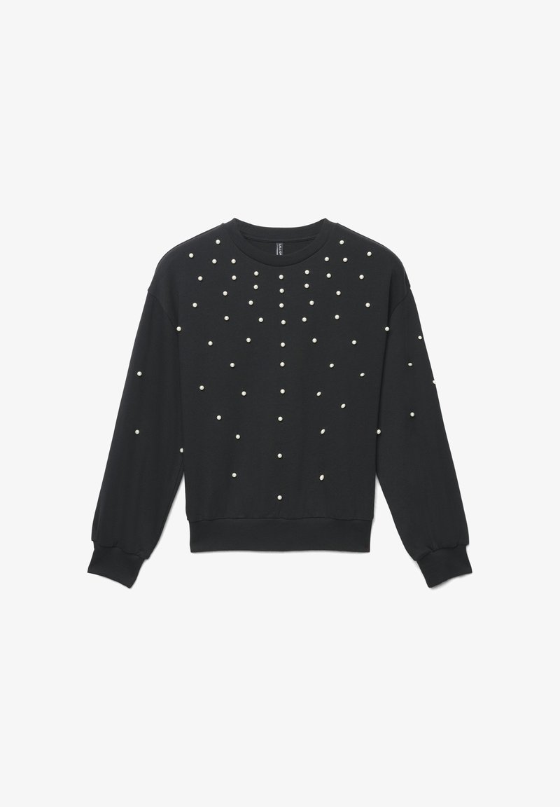 Sweat-shirt noir à manches longues, orné de fausses perles blanches disposées en motif épars, col et poignets côtelés.