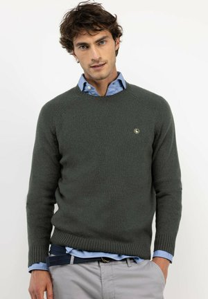Hombre con suéter verde oscuro sobre camisa azul y pantalones gris claro, de pie frente a un fondo blanco.