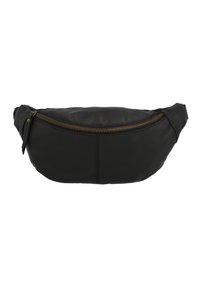 Schwarze Lederbauchtasche mit geschwungenem Design, oberem Reißverschluss in Bronze und seitlichen Akzentdetails. Glatte Textur mit genähten Nähten.