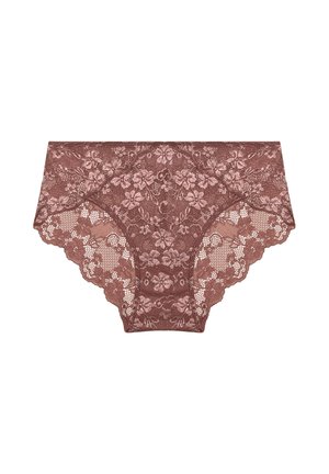 Lace hipster panties in a rose brown color, featuring floral patterns, soft texture, and scalloped edges for a delicate design.