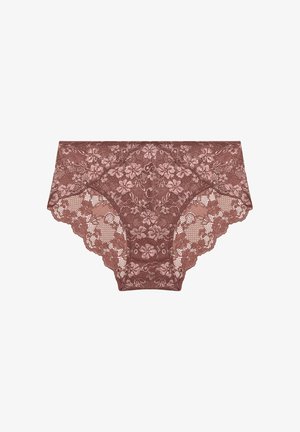 Braguitas hipster de encaje en color marrón rosa, con patrones florales, textura suave y bordes festoneados para un diseño delicado.