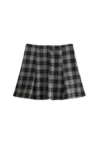 Black and white plaid skirt with pleats, featuring a textured fabric and a flared design. Accented with subtle brown lines in the pattern.