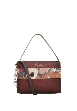 Borsa marrone Anekke con tracolla a motivo floreale e astratto, texture in rilievo, logo dorato e due manici marrone scuro.