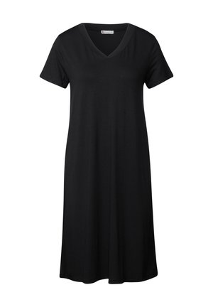 Schwarzes kurzes Kleid mit kurzen Ärmeln und V-Ausschnitt, aus glattem Stoff gefertigt, mit lockerer Passform und knielangem Saum, minimalistischem Design.