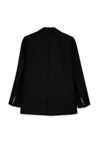 Melna žakete ar gludu tekstūru, vienslīpuma dizains un izgriezti piegriezumi. Ar pogām pie apkaklēm un tīru, minimālistisku aizmuguri.