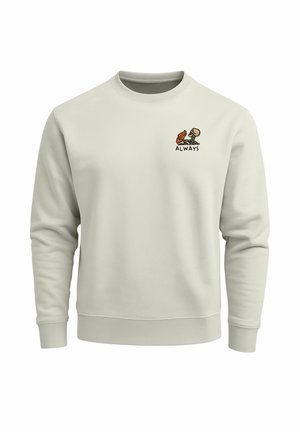 Light gray sweatshirt with a small chest design of a skeleton and a dog facing each other above the word "ALWAYS."