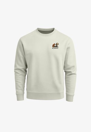 Hellgraues Sweatshirt mit einem kleinen Brustmotiv, das ein Skelett und einen Hund zeigt, die sich gegenüberstehen, über dem Wort "ALWAYS".