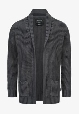 Grå strikket cardigan med sjalkrage, frontlommer og ribbede mansjetter. Teksturt stoff med ensfarget mønster. Åpen frontdesign.
