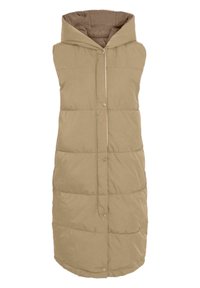 Veste sans manches matelassée beige avec capuche et fermeture à boutons-pression sur le devant.