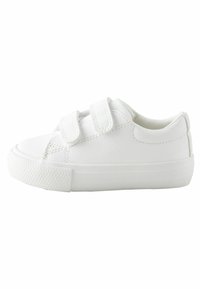 Baskets en cuir blanc avec deux bandes Velcro, bout arrondi, semelle en caoutchouc texturée et design simple. Lignes épurées et détails minimalistes.
