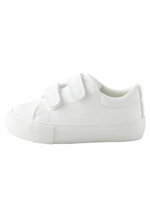 Baskets en cuir blanc avec deux bandes Velcro, bout arrondi, semelle en caoutchouc texturée et design simple. Lignes épurées et détails minimalistes.
