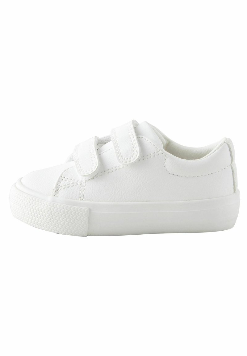 Baskets en cuir blanc avec deux bandes Velcro, bout arrondi, semelle en caoutchouc texturée et design simple. Lignes épurées et détails minimalistes.