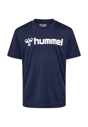 Marineblaue kurzärmlige T-Shirt aus glattem Stoff mit einem weißen "hummel"-Logo auf der Vorderseite. Einfacher Rundhalsausschnitt, normale Passform.
