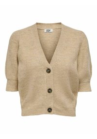 Beżowy sweter z krótkim rękawem, zapinany na V, z trzema ciemnymi guzikami z przodu.