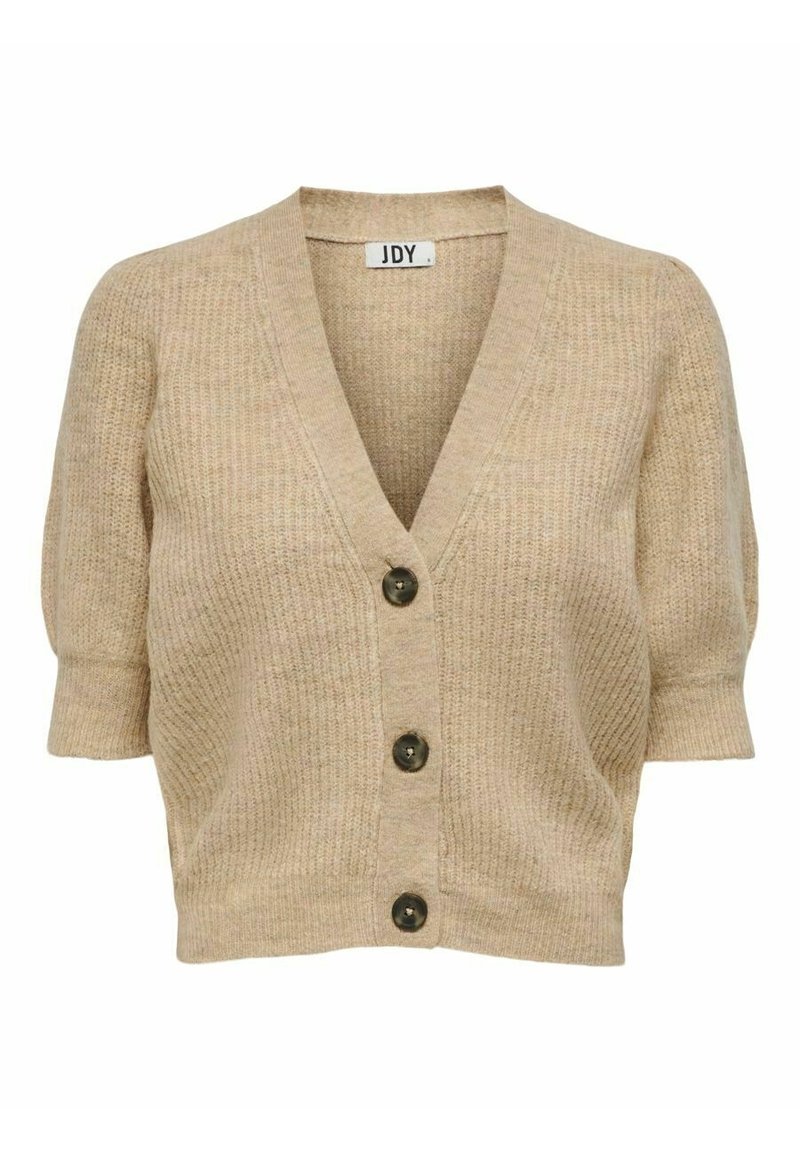 Beżowy sweter z krótkim rękawem, zapinany na V, z trzema ciemnymi guzikami z przodu.