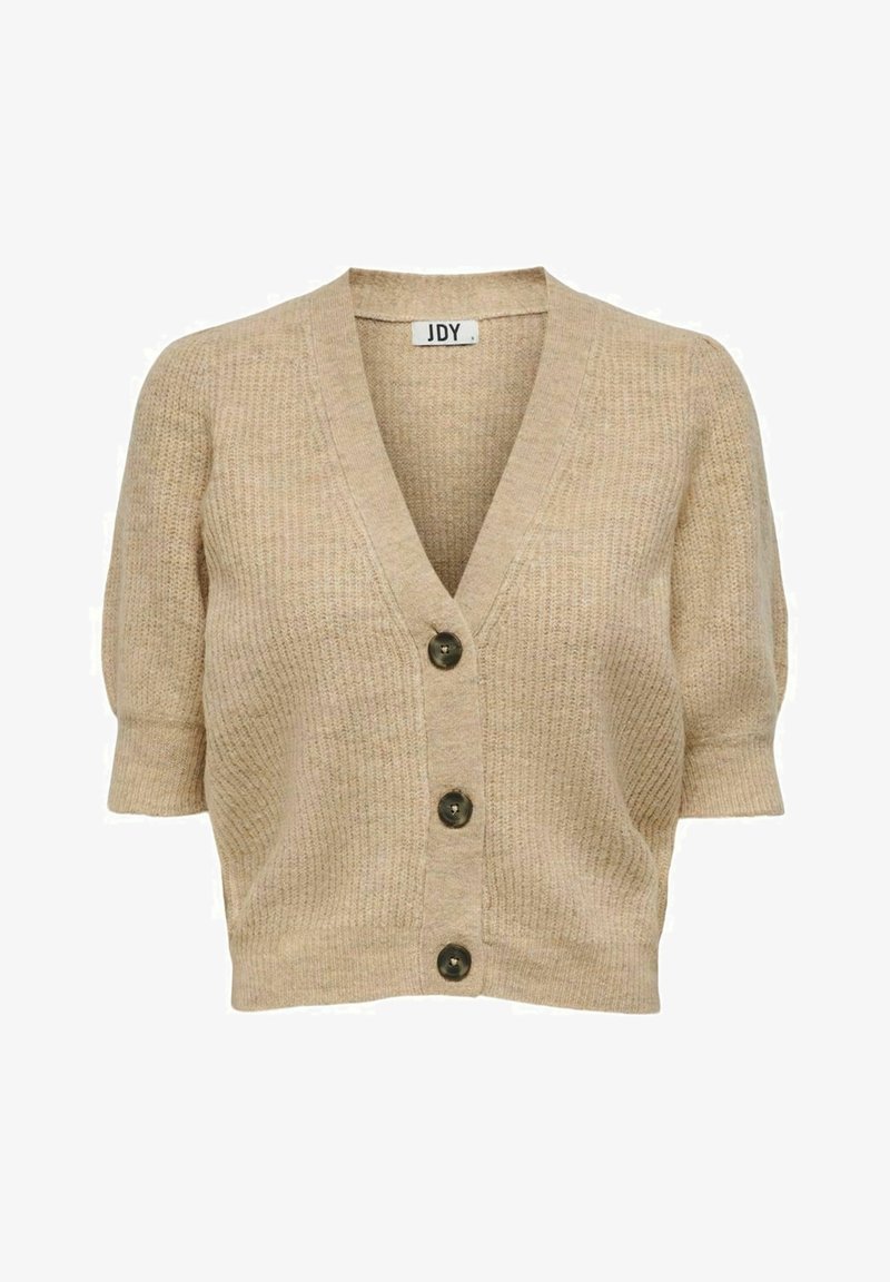 Beżowy sweter z krótkim rękawem, zapinany na V, z trzema ciemnymi guzikami z przodu.