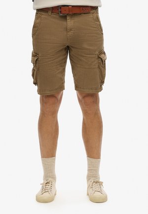 Tan cargo shorts with multiple side pockets, made from a lightweight fabric. Features a straight cut and a simple, durable design.