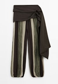 Loose, pleated wide-leg pants with vertical stripes in dark brown, beige, and olive green, featuring a large dark brown fabric belt tied at the waist.