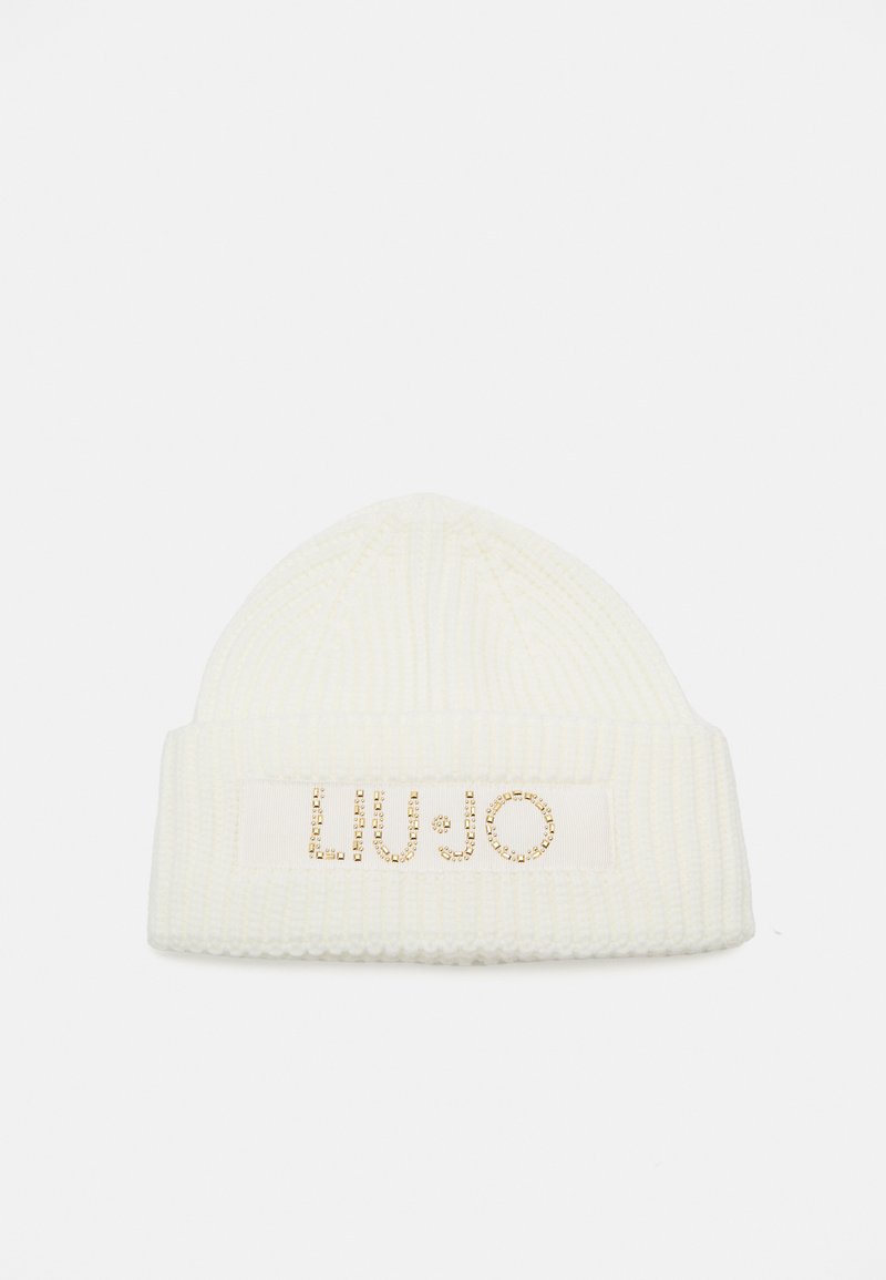White knitted beanie featuring a folded cuff, textured rib pattern, and a branded patch with gold studs spelling "LIU JO."