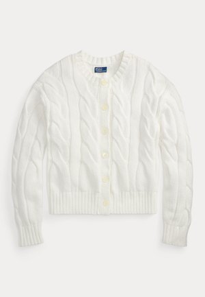 Λευκό ζακάρ ζακέτα με κουμπιά, μακριά μανίκια και ριμπ μανσέτες και τελείωμα, με ετικέτα Polo Ralph Lauren στο εσωτερικό του γιακά.