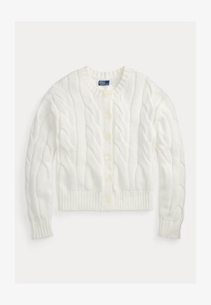 Λευκό ζακάρ ζακέτα με κουμπιά, μακριά μανίκια και ριμπ μανσέτες και τελείωμα, με ετικέτα Polo Ralph Lauren στο εσωτερικό του γιακά.