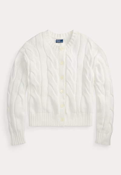 Λευκό ζακάρ ζακέτα με κουμπιά, μακριά μανίκια και ριμπ μανσέτες και τελείωμα, με ετικέτα Polo Ralph Lauren στο εσωτερικό του γιακά.