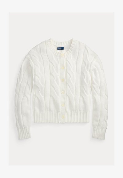 Λευκό ζακάρ ζακέτα με κουμπιά, μακριά μανίκια και ριμπ μανσέτες και τελείωμα, με ετικέτα Polo Ralph Lauren στο εσωτερικό του γιακά.