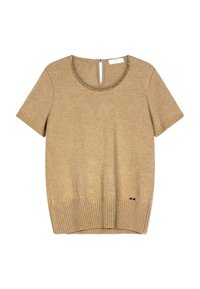 Pull beige en maille à manches courtes avec col rond et détail chaîne décoratif, ourlet côtelé, fermeture au dos avec bouton et ouverture en forme de trou.