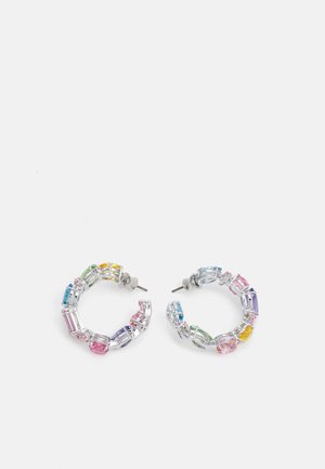 Hoop earrings featuring an intricate design with multicolored, faceted stones in shapes of rectangles and ovals set in silver hardware.