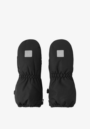 Schwarze Handschuhe aus strapazierfähigem Stoff mit elastischen Bündchen, einem quadratischen Logopatch und einer glatten Textur. Geeignet für die Verwendung bei kaltem Wetter.