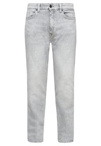 Jean en denim gris clair avec fermeture avant à bouton et zip, passants de ceinture et style cinq poches, présenté sur fond blanc.