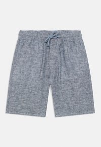 Pantaloni corti grigi chiari realizzati in un tessuto strutturato, dotati di una vita elasticizzata con cordoncino e tasche laterali.