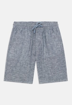 Lys grå shorts laget av et teksturert stoff, med elastisk liv med snøring og sidelommer.