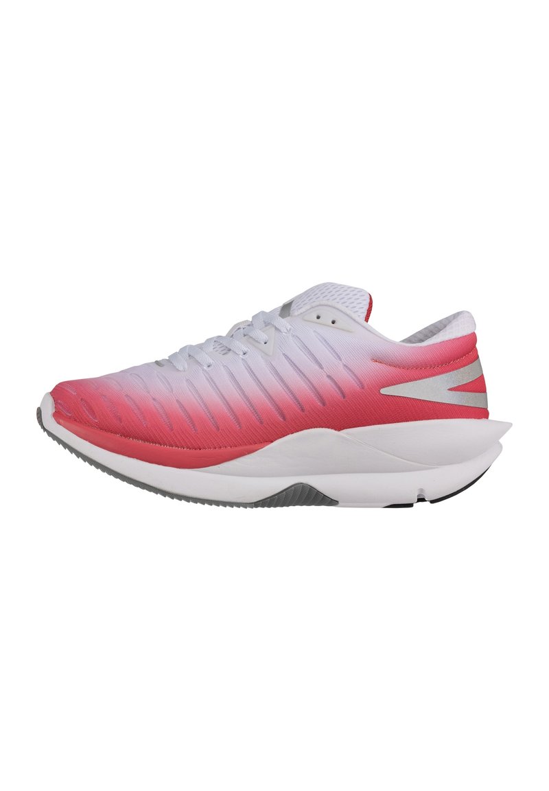 Sportliche Schuhe mit einem Farbverlauf, der von Weiß zu Pink übergeht, ausgestattet mit einem atmungsaktiven Mesh-Obermaterial und einer strukturierten Zehenkappe.