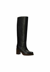 Knee-high black leather boot with a square toe, chunky heel, smooth texture, and minimal stitching details.