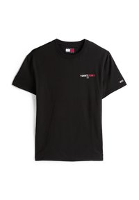 Czarna bawełniana koszulka z krótkim rękawem. Posiada logo "TOMMY JEANS" w białym i czerwonym kolorze na lewej piersi. Klasyczny krój z okrągłym dekoltem.