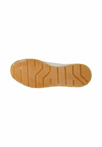 Semelle d'une chaussure avec une semelle en caoutchouc beige présentant des motifs géométriques sur fond blanc.